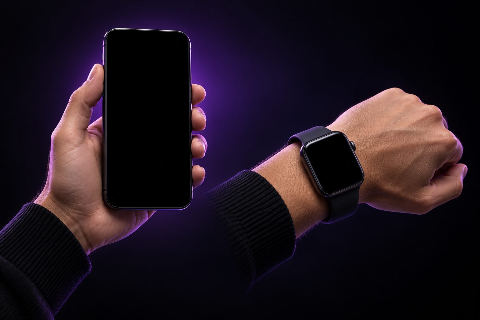 A hand holding an iPhone and a wrist with an Apple Watch, ready to record the day